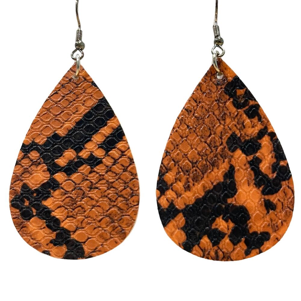 Boutique Lightweight Orange Snake Print Faux Leather Teardrop Dangle Earrings